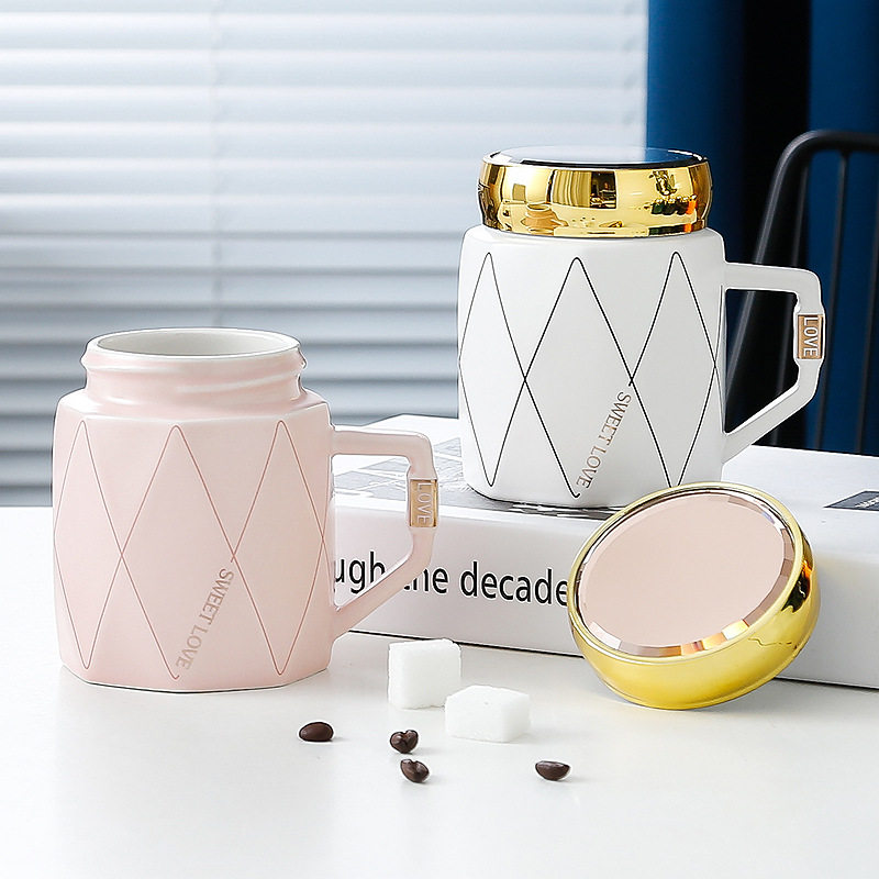 镜面盖密封陶瓷杯子带手柄家用办公大号马克杯防尘喝水coffee cup