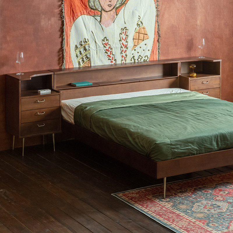 韩式风格实木床北欧风卧室家具双人床简约橡胶木悬浮床家用大床