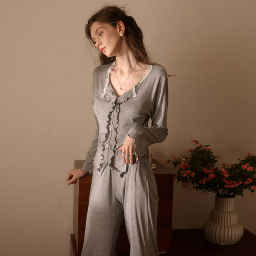 柠檬太太性感睡衣女秋季2026新款莫代尔长袖带胸垫蕾丝家居服