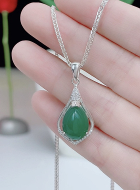 纯银女款绿色水滴项链天然玉髓吊坠韩国韩版饰品时尚简约银饰首饰