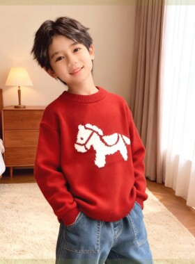 儿童全棉a类毛衣针织衫红色马年本命年衣服26冬喜庆男女童拜年服