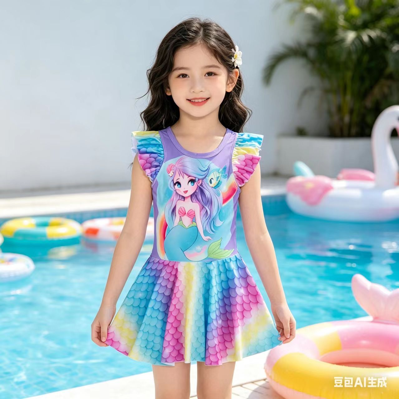 3-8岁女童泳衣儿童公主连体可爱人鱼公主纱裙美人鱼幼儿园泳裙卡