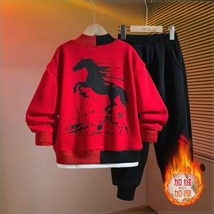 卫衣洋气减龄套装小个子男童秋冬套装2026中大儿童加绒红色拜年服