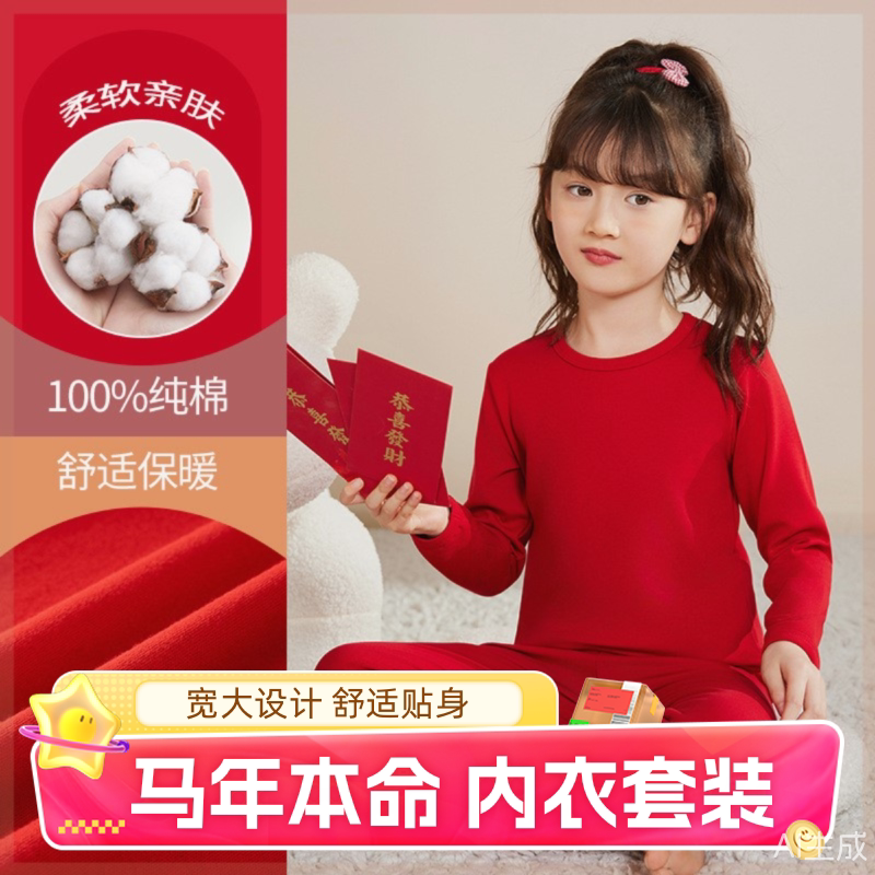 马年儿童本命年内衣套装a类全棉秋冬新品女童大红色保暖秋衣秋裤