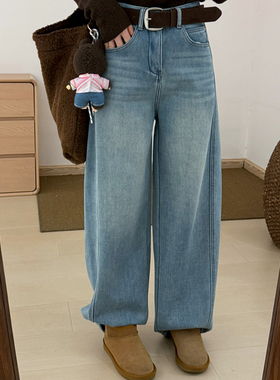 话里简约风渐变色牛仔裤2025冬季新款韩版宽松显瘦休闲直筒长裤女