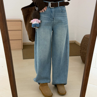 话里简约风渐变色牛仔裤2025冬季新款韩版宽松显瘦休闲直筒长裤女