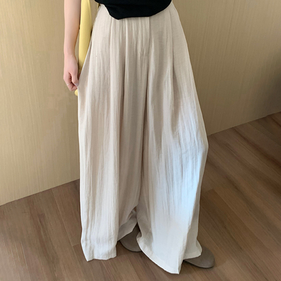 话里休闲宽松麻料拖地裤
