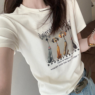 圆领宽松显瘦上衣短袖 话里图案印花正肩弹力棉T恤2026春新款 韩版