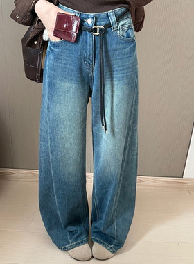 话里复古简约抓毛宽松牛仔裤2025奇迹新款韩版保暖显瘦直筒长裤女