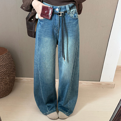 话里复古简约抓毛宽松牛仔裤