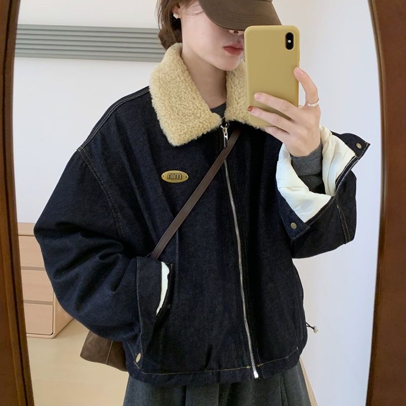 话里精致毛毛领宽松牛仔外套