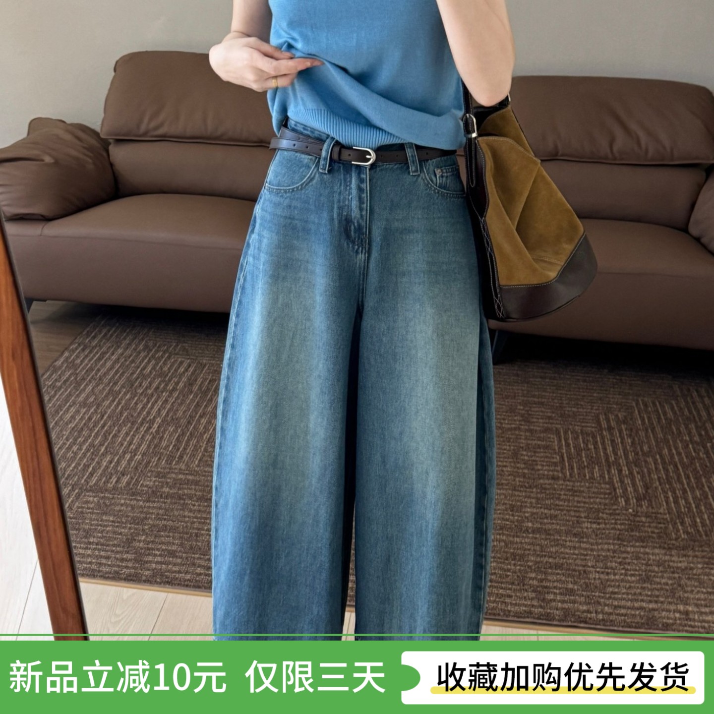 话里小个子天菜八分气球阔腿牛仔裤女减龄宽松显瘦百搭弯刀裤图片