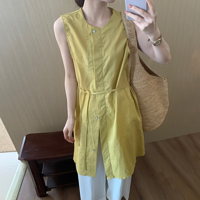 话里简约风单排扣无袖背心2025夏季新款韩版薄款长款显瘦上衣女