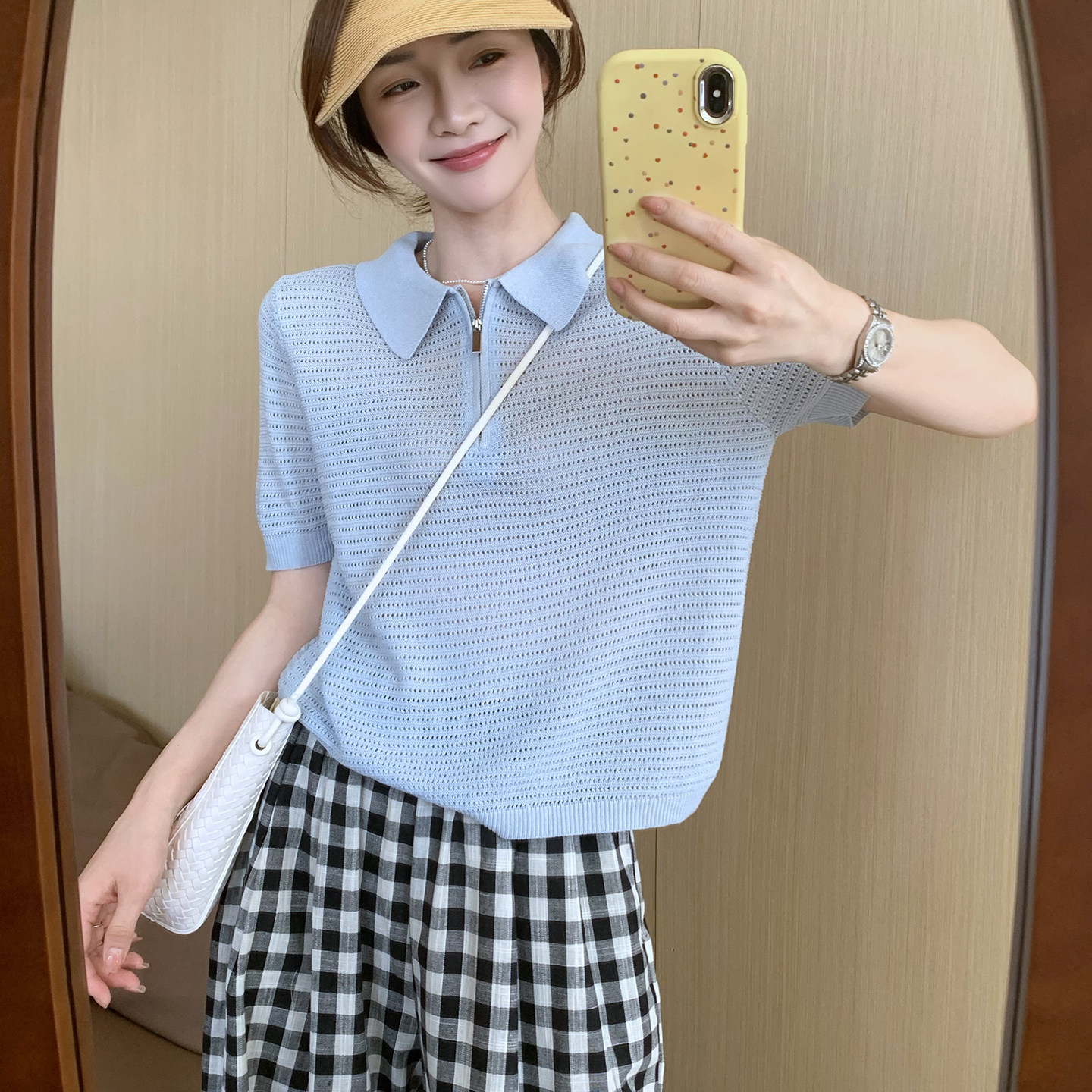 话里小清新甜美半拉链镂空短袖2026夏季新款韩版休闲显瘦上衣T恤