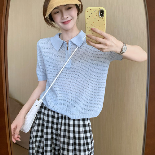 话里小清新甜美半拉链镂空短袖
