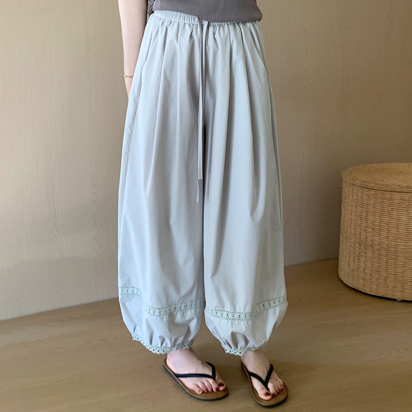 话里简约风小个子花边裤2026夏季新款韩版休闲显瘦宽松阔腿长裤女