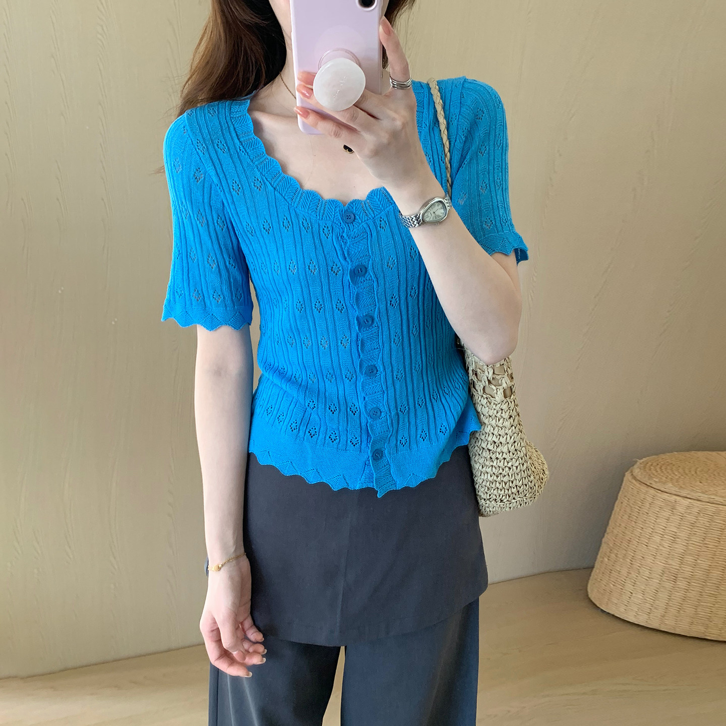 话里简约风纯色花边短袖2026夏季新款韩版甜美气质休闲U领T恤上衣