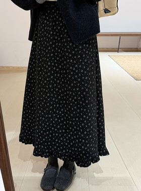 话里淑女风温柔荷叶边碎花半裙2025冬季新款韩版休闲直筒半身裙女