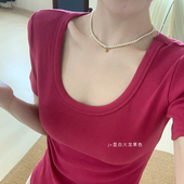 修身 话里基础款 内搭百搭上衣T恤 新款 韩版 纯色U领显瘦短袖 2025夏季