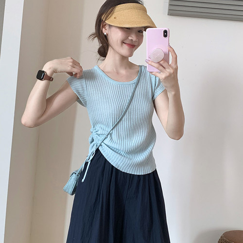 话里甜美气质侧抽绳冰丝短袖