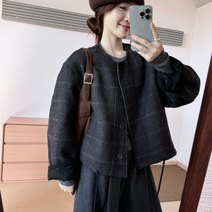 短款 話里高級感氣質夾棉格子外套2025秋季 新款 韓版 上衣女 休閑長袖