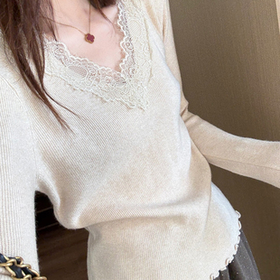 韩版 话里基础款 新款 2025秋季 简约风内搭上衣女 纯色V领蕾丝打底衫