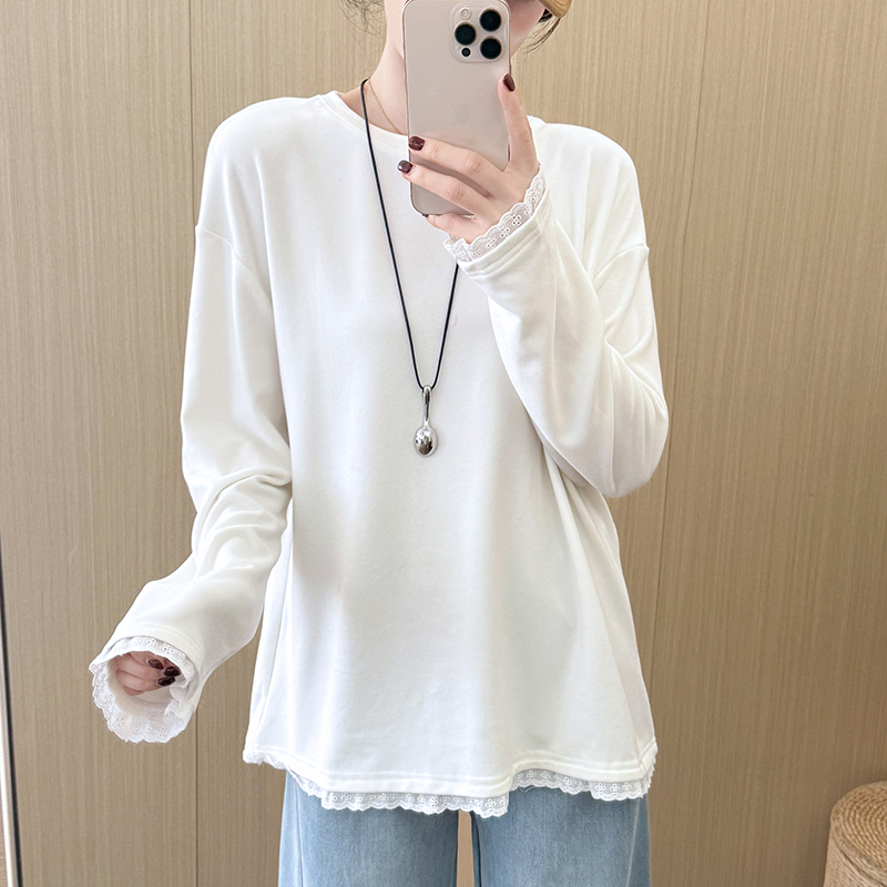 话里基础白长袖蕾丝打底衫