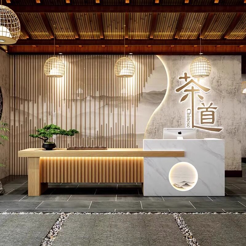 新中式收银台茶楼吧台收银台茶吧一体台接待台足浴店养生会所前台