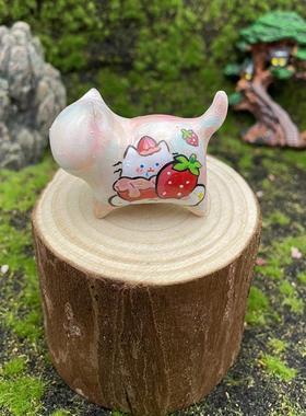 原创檀木猫摆件纯手工绘画莓猫小姐5厘米孤品工艺品拇指控型饰品