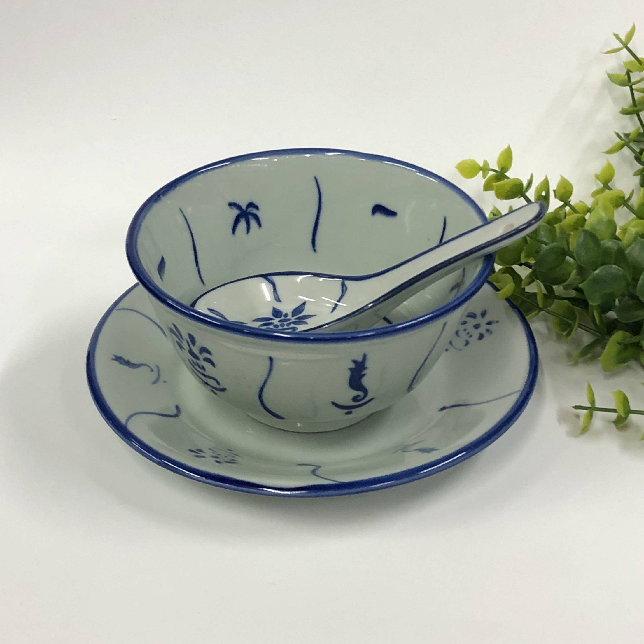 中式怀旧复古老式彩色青花瓷高脚防烫陶瓷米饭碗葵斗碗农家乐套装