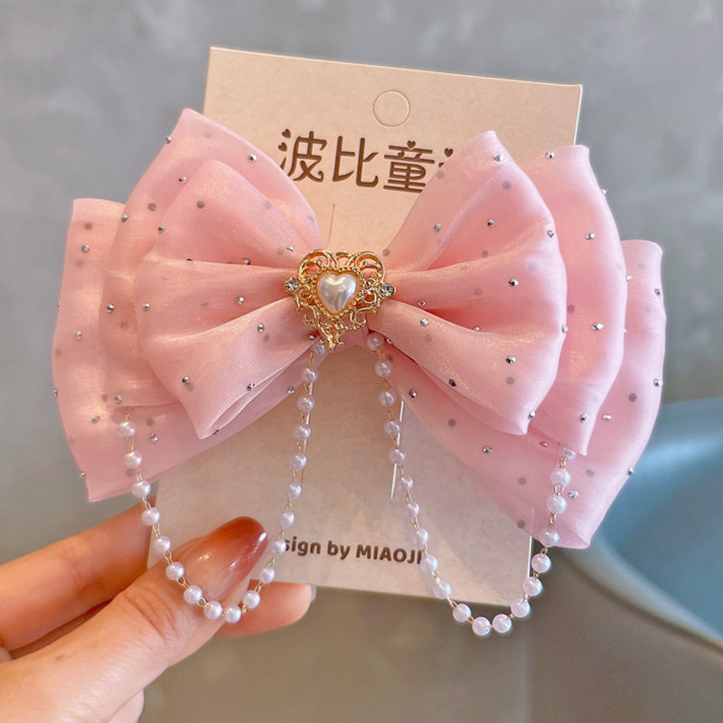 在逃公主新款烫钻蝴蝶结发饰可爱甜美立体儿童顶夹珍珠链发卡