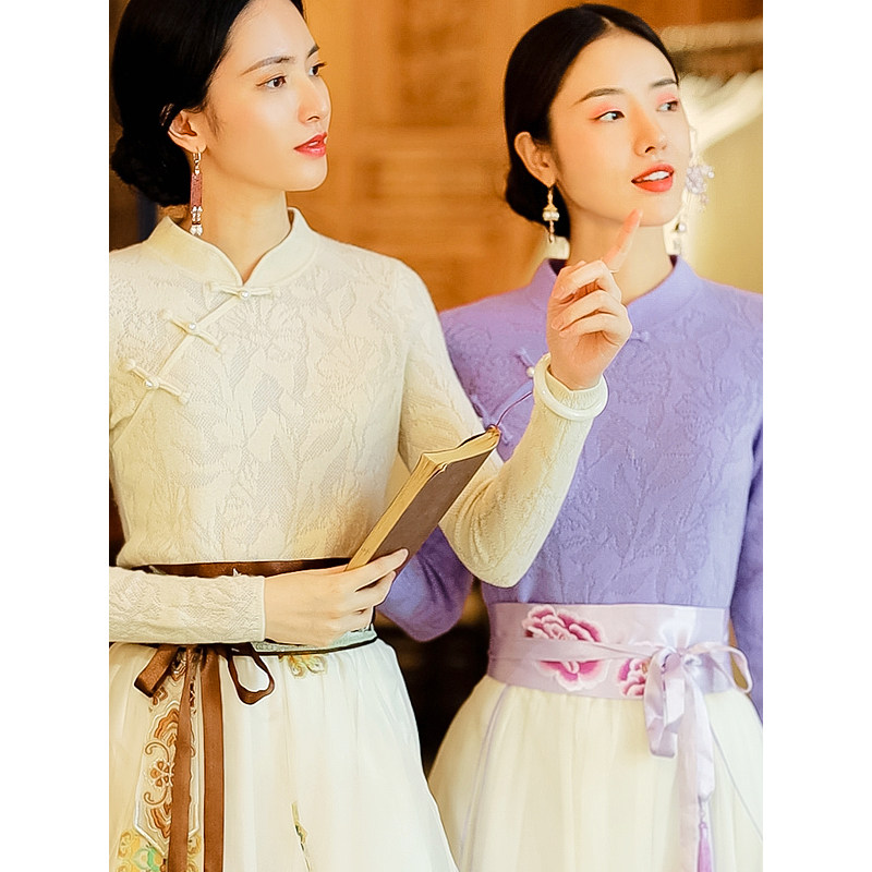 复古日记素花枝丨春秋国风旗袍领康赛妮羊绒长袖紫色毛衣女士上衣