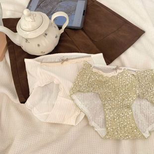 纯棉碎花蕾丝坑条木耳边蝴蝶结中腰内裤 奶油可露丽