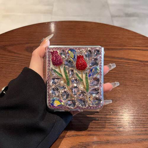 适用华为Pocket 2壳折叠屏P50pocke水钻华为novaFlip保护套小米MIXFliip2蝴蝶镶钻玫瑰花