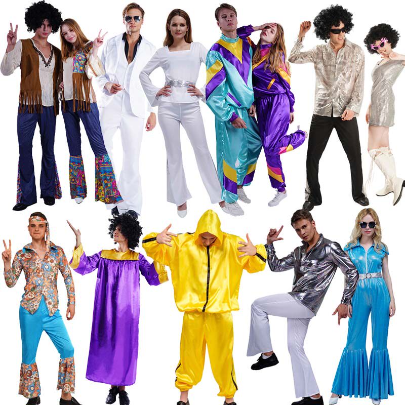 成人大男70年代嬉皮士喇叭裤服装 男款复古嬉皮士表演派对服饰
