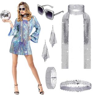 万圣节嬉皮士女士烫金亮片连衣裙舞台表演服装70年代迪斯科配饰