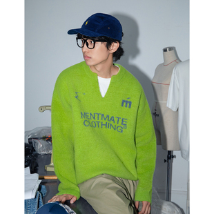 男女款 秋冬复古英文提花毛衣 慵懒宽松V领套头上衣 25AW Mentmate