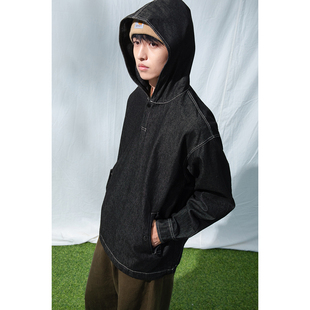 刺绣连帽牛仔套头上衣秋 小众水洗黑牛仔衣外套男 Mentmate 25AW