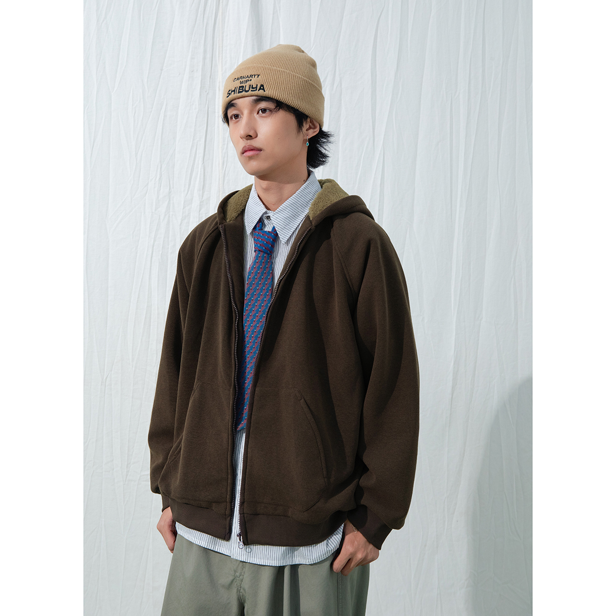 秋冬毛绒保暖卫衣外套纯色休闲男