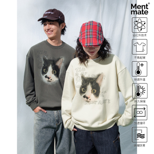 Mentmate 猫咪涂鸦秋冬恒温黑科技暖皮加绒圆领卫衣上衣男女 25AW