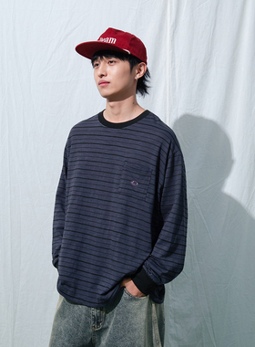 Mentmate 25AW 日系复古秋冬做旧感条纹圆领长袖T恤男女BF打底tee
