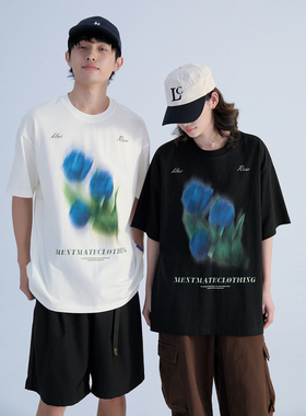 Mentmate Blue rose小众模糊幻影玫瑰花印花T恤 男女圆领短袖夏季