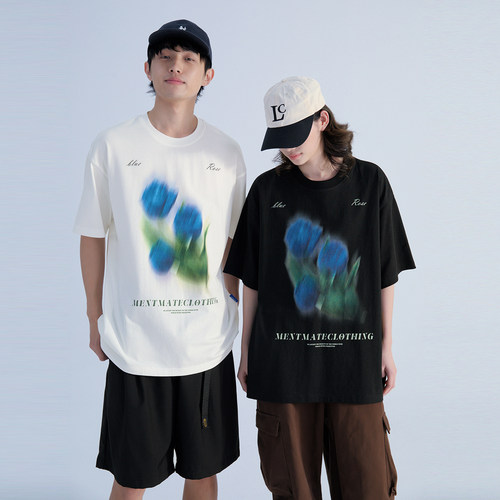 个性街头郁金香印花T恤衫男女tee