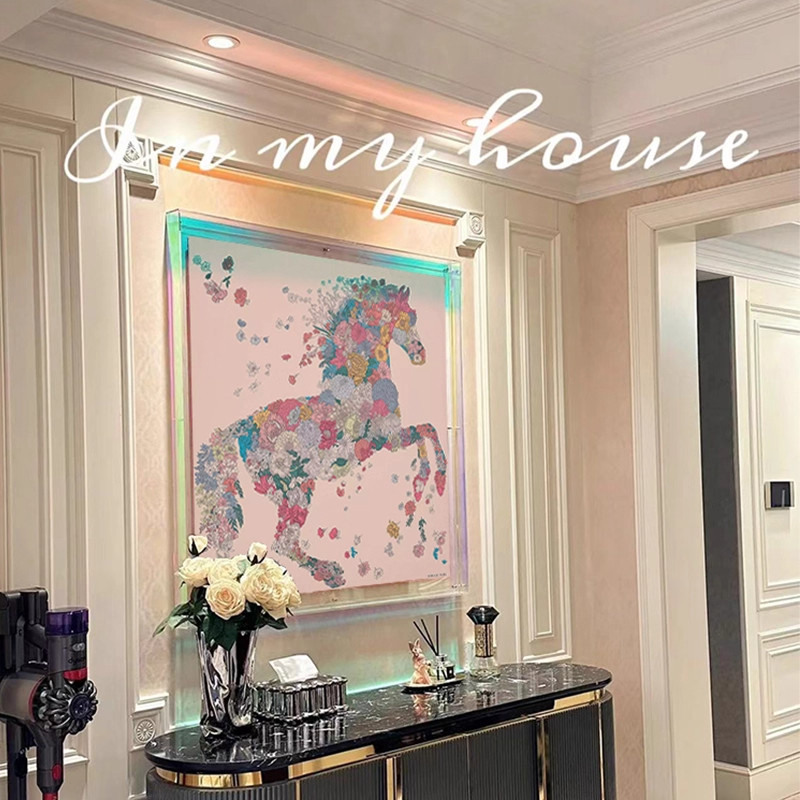 高端丝巾挂画亚克力透明画框装裱装饰画客厅沙发玄关屋顶飞马壁画