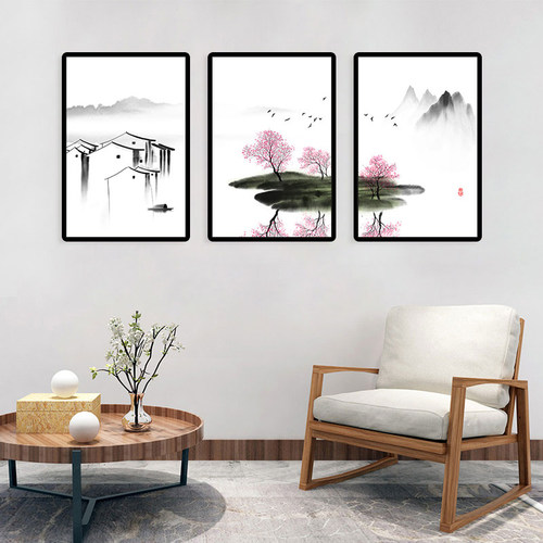 禅意山水客厅三联装饰画新中式餐厅茶室墙面挂画书房玄关走廊壁画