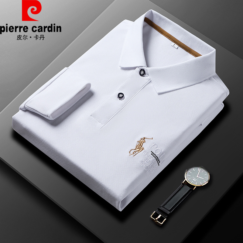 Pierre Cardin皮尔卡丹男士长袖t恤刺绣翻领商务休闲polo衫上衣男