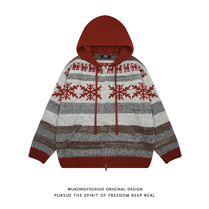 复古费尔岛提花红色连帽开衫毛衣