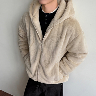 悟空有货冬季加绒加厚仿兔毛连帽棉衣男慵懒风宽松保暖毛茸茸外套