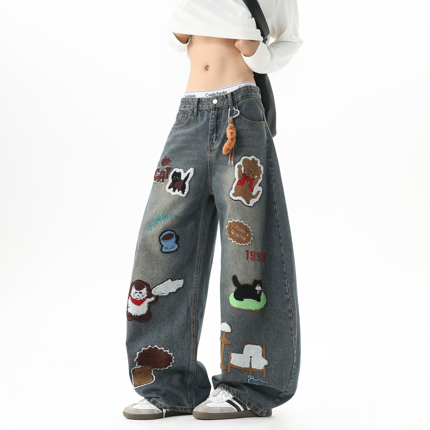 悟空有货美式复古卡通毛巾绣水洗弯刀牛仔裤男潮牌宽松百搭阔腿裤,男装,牛仔裤,淘宝优惠券,粉丝福利购,淘宝优惠卷