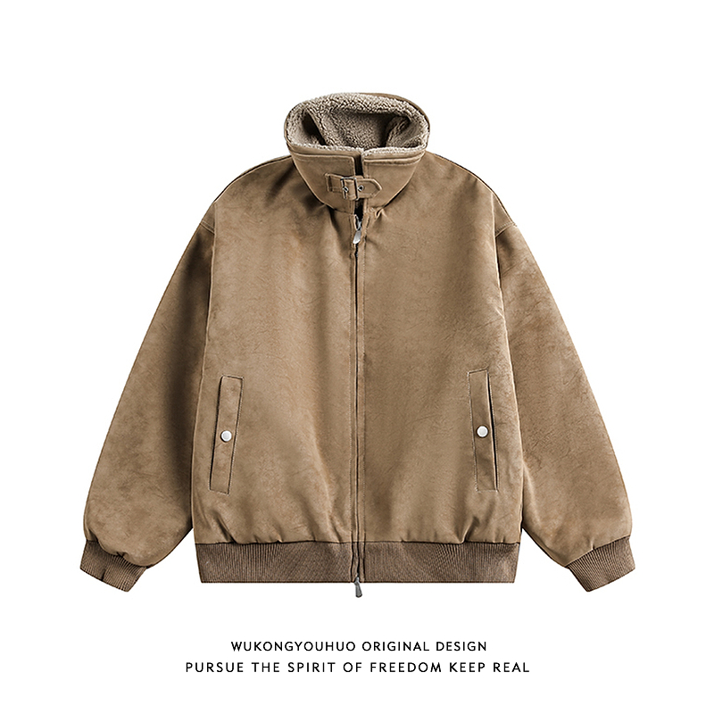 冬季潮牌麂皮绒保暖立领棉服男